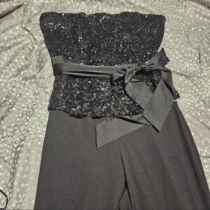 New York & Company Black Sequins Top Stretch Jumpsuit. Tie Waist. Back Zipper